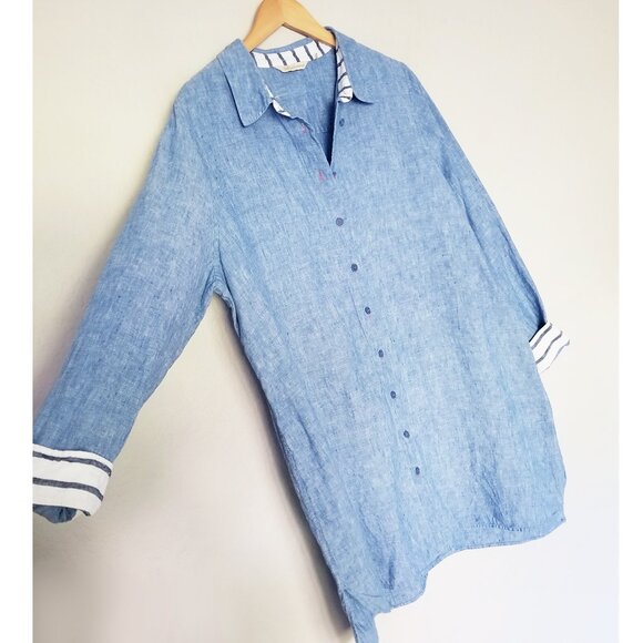 Soft Surroundings 100% Linen Lagenlook Chambray Blue Button Up Tunic Shirt 1X - Picture 14 of 16